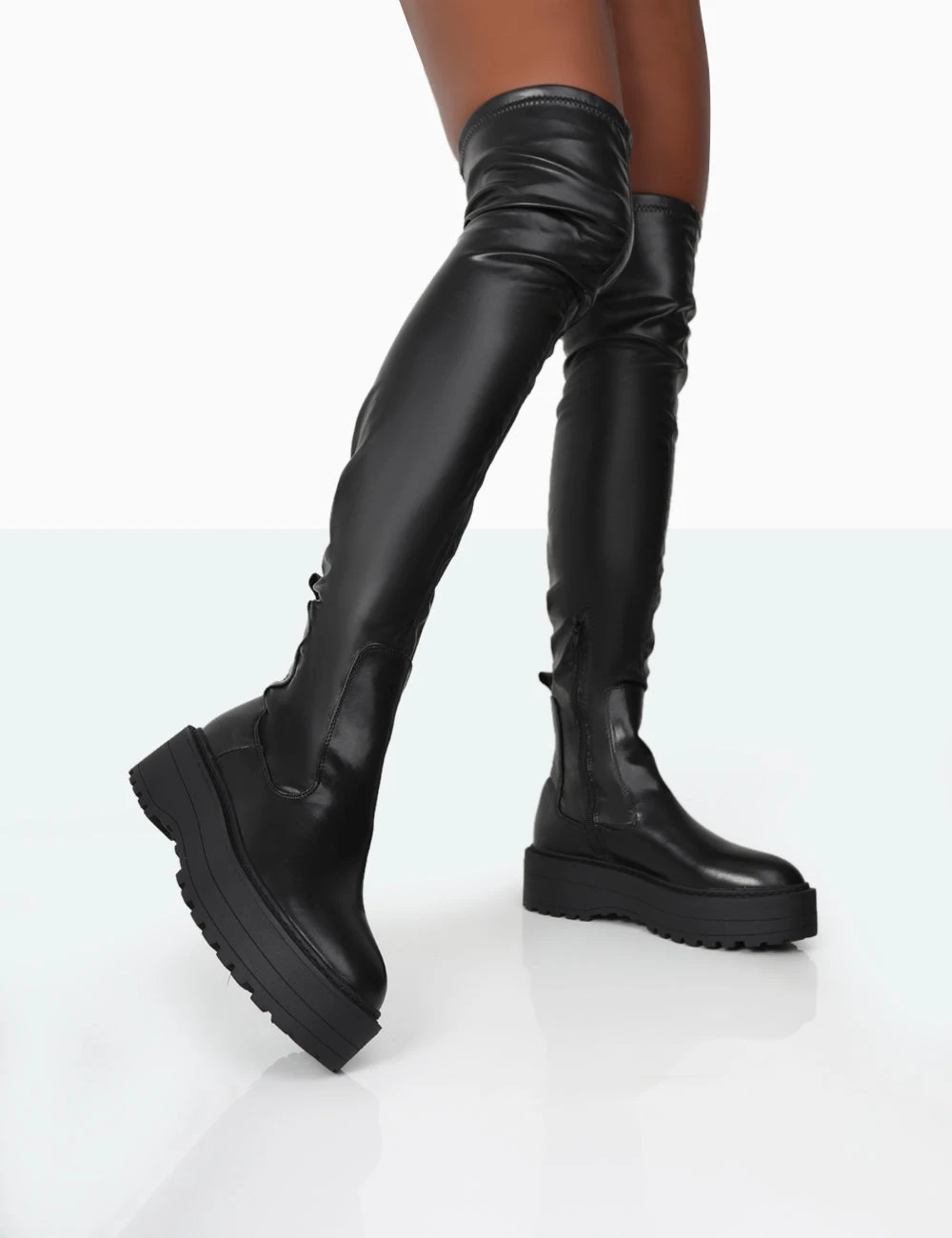 Pheonixe Black Pu Chunky Sole Round Toe Over The Knee Boots 2 Pheonixe Black Pu Chunky Sole Round Toe Over The Knee Boots - Image 2