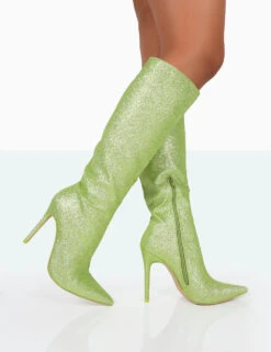 Diva Lime Glitter Pointed Toe Stiletto Knee High Boots -Boots Store 771A9925 1e9d62d7 952f 444e 9be4 ed2b67673514
