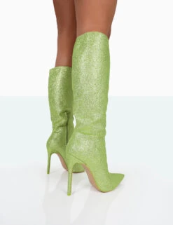 Diva Lime Glitter Pointed Toe Stiletto Knee High Boots -Boots Store 771A9926 4575aa5e 78e6 493b 9e56 d000215f9140