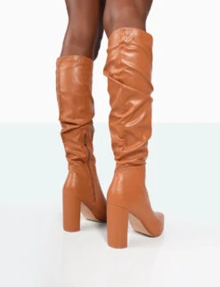 Mine Caramel PU Pointed Toe Block Heeled Knee High Boots -Boots Store 771A9952