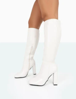 Gia Ecru Box PU Square Toe Block Heel Knee High Boots -Boots Store 771A9958
