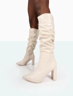 Mine Ecru Croc Pointed Toe Block Heeled Knee High Boots -Boots Store 771A9959 1d26f9d7 c47e 4f8d 9520 332b7c39f41c