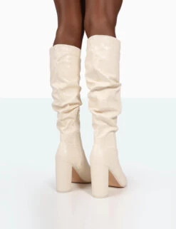 Mine Ecru Croc Pointed Toe Block Heeled Knee High Boots -Boots Store 771A9961 bfafda0a bd2c 4fe9 a3fd 9046ad9e47bc