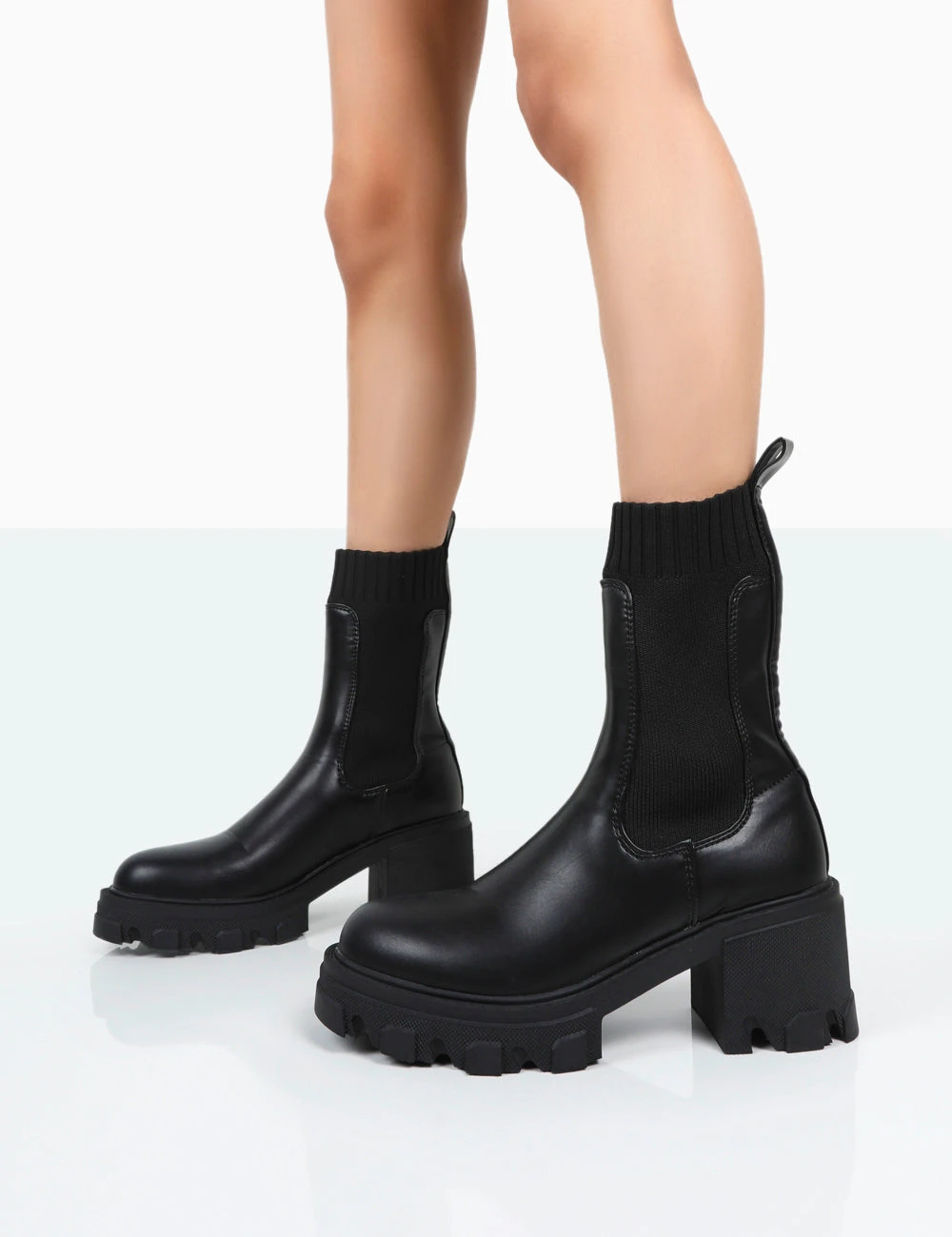 Everdeen Black PU And Knit Chunky Heeled Platform Sock Ankle Boots 3 Everdeen Black PU And Knit Chunky Heeled Platform Sock Ankle Boots - Image 3