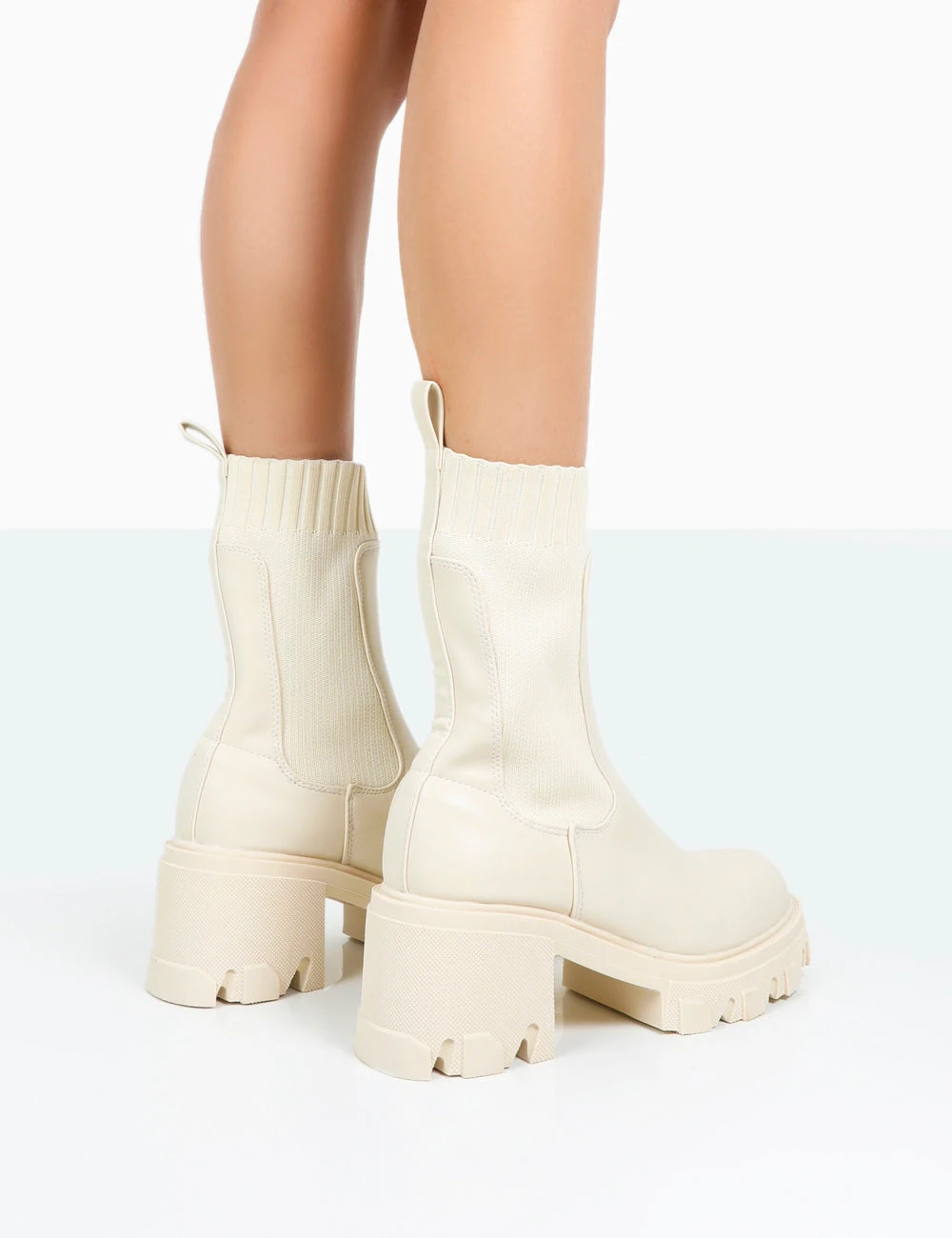 Everdeen Ecru PU And Knit Chunky Heeled Platform Sock Ankle Boots 4 Everdeen Ecru PU And Knit Chunky Heeled Platform Sock Ankle Boots - Image 4