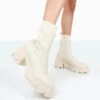 Everdeen Ecru PU And Knit Chunky Heeled Platform Sock Ankle Boots