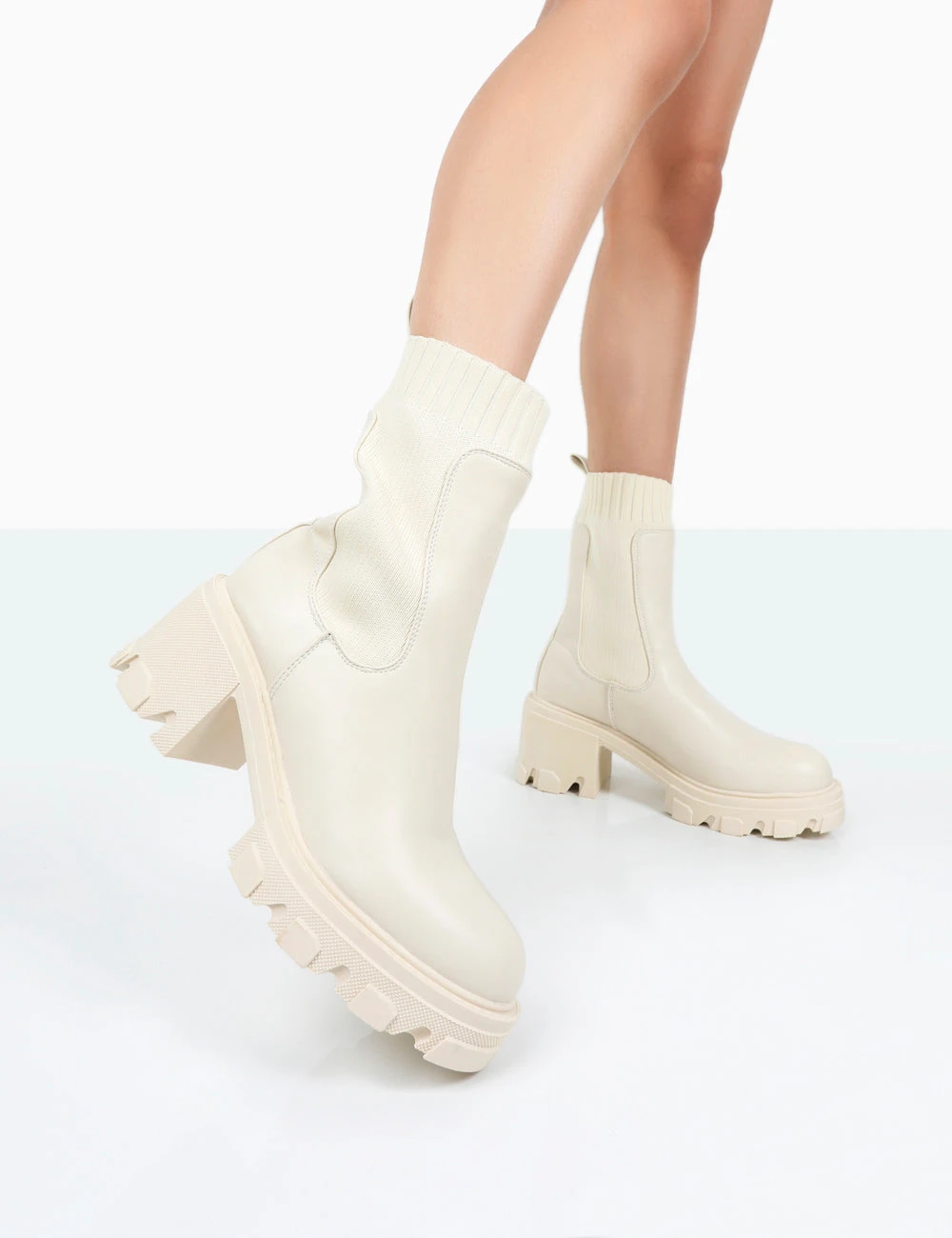 Everdeen Ecru PU And Knit Chunky Heeled Platform Sock Ankle Boots 1 Everdeen Ecru PU And Knit Chunky Heeled Platform Sock Ankle Boots