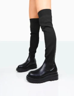 New-Me Black Pu And Knit Over The Knee Chunky Sole Sock Fit Boots -Boots Store 771A9994 5e591756 5fd0 4d38 9e3d 271395c29961