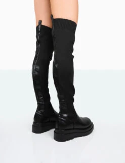 New-Me Black Pu And Knit Over The Knee Chunky Sole Sock Fit Boots -Boots Store 771A9995