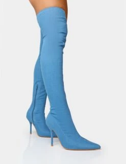 Jodie Blue Denim Seam Detail Pointed Toe Stiletto Thigh High Boots -Boots Store 8 a07f6198 e53e 458e be4c b58259a4e53a