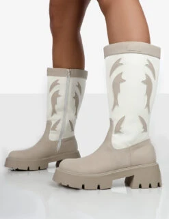 Fly Away Ecru Pu Round Toe Western Cowboy Platform Chunky Sole Knee High Boots -Boots Store 8 fdec49c8 b08f 42c3 b1fb 599ee08bd57a