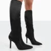 Best Believe Black Satin Pointed Toe Stiletto Heeled Knee High Boots