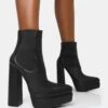 Cady Black Pu Platform Pointed Toe Block Heel Ankle Boots