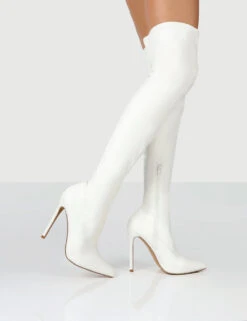 Confidence White Stiletto Heeled Over The Knee PU Boots -Boots Store CONFIDENCEWHITEWALKING