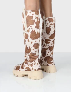 Amber X Public Desire Genius Cow Print Platform Knee High Chunky Sole Boot -Boots Store GENIUSCOWPRINTBACK