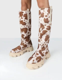 Amber X Public Desire Genius Cow Print Platform Knee High Chunky Sole Boot -Boots Store GENIUSCOWPRINTDETAIL