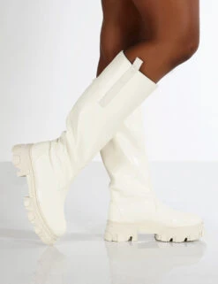 Genius Ecru Wide Fit Knee High Chunky Sole Boots -Boots Store GENIUS ECRU2