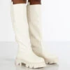 Genius Ecru Wide Fit Knee High Chunky Sole Boots