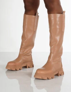 Genius Wide Fit Tan Knee High Platform Chunky Sole Boots -Boots Store GENIUS TAN2
