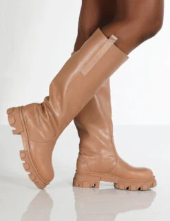 Genius Wide Fit Tan Knee High Platform Chunky Sole Boots -Boots Store GENIUS TAN2 1