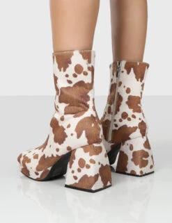 Imagine Wide Fit Brown Cow Print Chunky Heel Ankle Boots -Boots Store IMAGINEBROWNCOWPRINTBACK 8c7a679b ac99 4b0f 856a c054dab93b9a