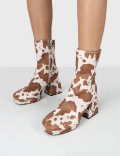 Imagine Wide Fit Brown Cow Print Chunky Heel Ankle Boots -Boots Store IMAGINEBROWNCOWPRINTDETAIL 8d24f8c2 4777 40e4 93af e5415dbb5806