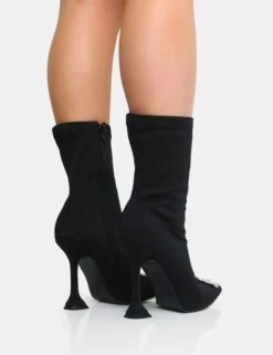 Modena Black Nylon Diamantie Broach Cake Stand Heel Sock Ankle Boot -Boots Store IMG 0615copy