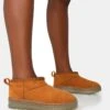 Bambi Tan Faux Suede Ultra Mini Ankle Boots