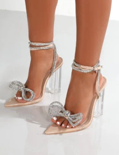 Icon Nude Wide Fit Wrap Around Diamante Bow Heels -Boots Store IconNudeDetail