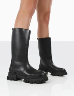Boots Store 17 Jolie Black Pu Knee High Chunky Sole Long Boots