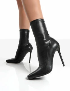 Lars Black Pu Sock High Heeled Ankle Boots -Boots Store Larsblackdetail