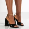Maisie Wide Fit Black Patent Lock Chain Detail Anklet Strap Block Heels