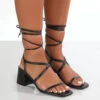 Mabel Wide Fit Black PU Ankle Tie Block Heeled Sandals
