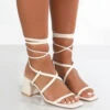 Mabel Wide Fit Off White PU Ankle Tie Block Heeled Sandals