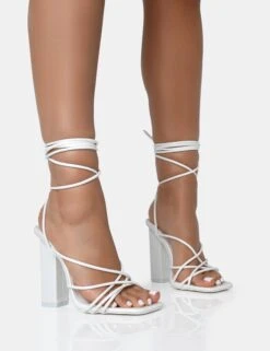 Nyla Wide Fit White Patent Strappy Lace Up Square Toe Block Heels