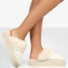 Cosy Cream Faux Suede Platform Slider Slipper