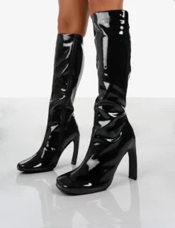 Peppa Black Patent Block Heel Knee High Boots -Boots Store PEPPABLACKPATENTDETAIL