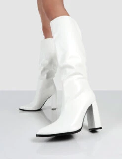 Posie White PU Knee High Block Heel Boots -Boots Store PosieWhiteDetail