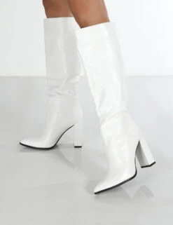Posie Wide Fit White Pu Knee High Block Heel Boots -Boots Store PosieWhiteDetail 620e3f9b fa46 443a b980 623b47ecb497