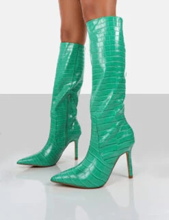 Rosalie Green Croc Heeled Pointed Toe Knee High Boots -Boots Store ROSALIEGREENDETAIL1
