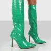 Rosalie Wide Fit Green Croc Heeled Pointed Toe Knee High Boots