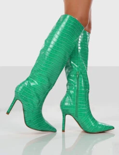 Rosalie Green Croc Heeled Pointed Toe Knee High Boots -Boots Store ROSALIEGREENWALKING1