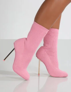 Souffle Pink Knit Stiletto Heel Sock Ankle Boot -Boots Store Souflet42