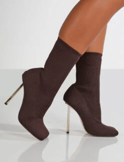 Souffle Chocolate Knit Stiletto Heel Sock Ankle Boot -Boots Store Souflet52