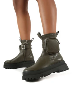 Thought Khaki Pu Wide Fit Pocket Chunky Sole Ankle Boot -Boots Store THOUGHT KHAKI PU 3