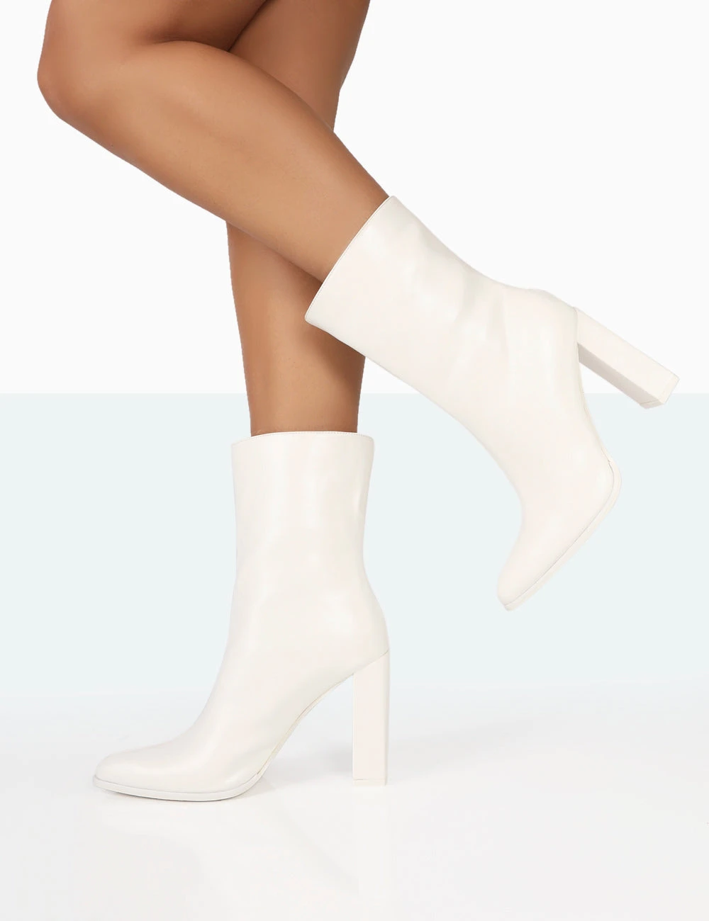 Bridget White PU Pointed Toe Block Heeled Ankle Boots 2 Bridget White PU Pointed Toe Block Heeled Ankle Boots - Image 2