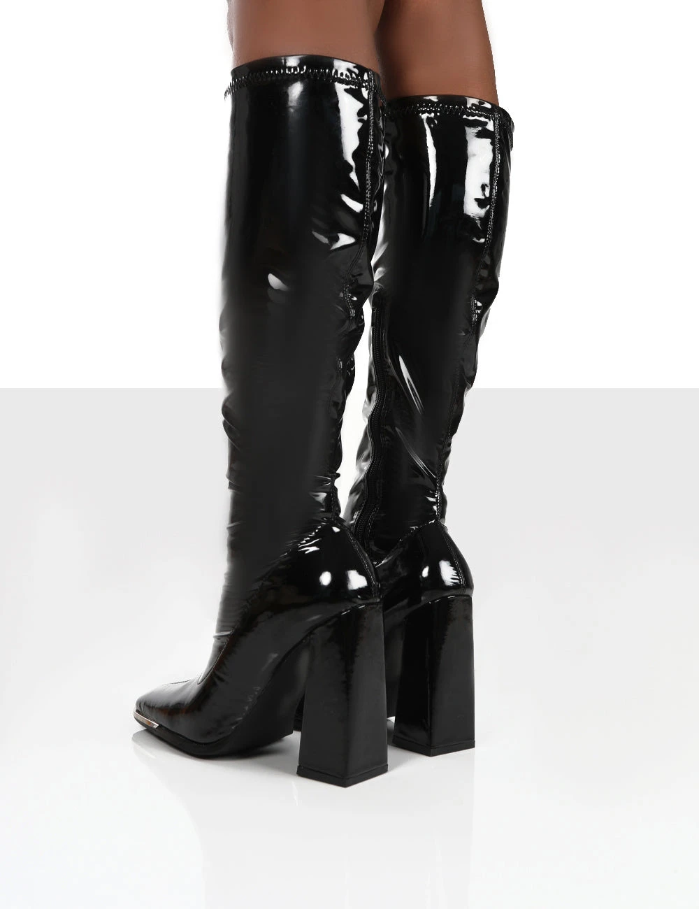 Caryn Black Patent Wide Fit Knee High Block Heeled Boots 4 Caryn Black Patent Wide Fit Knee High Block Heeled Boots - Image 4