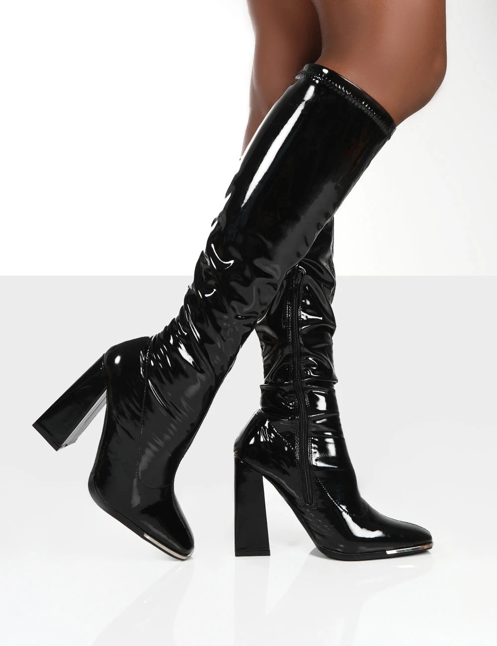 Caryn Black Patent Wide Fit Knee High Block Heeled Boots 3 Caryn Black Patent Wide Fit Knee High Block Heeled Boots - Image 3
