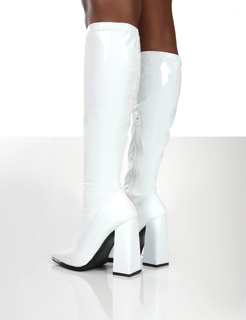 Caryn White Patent Wide Fit Knee High Block Heeled Boots 2 Caryn White Patent Wide Fit Knee High Block Heeled Boots - Image 2