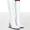 Caryn White Patent Wide Fit Knee High Block Heeled Boots